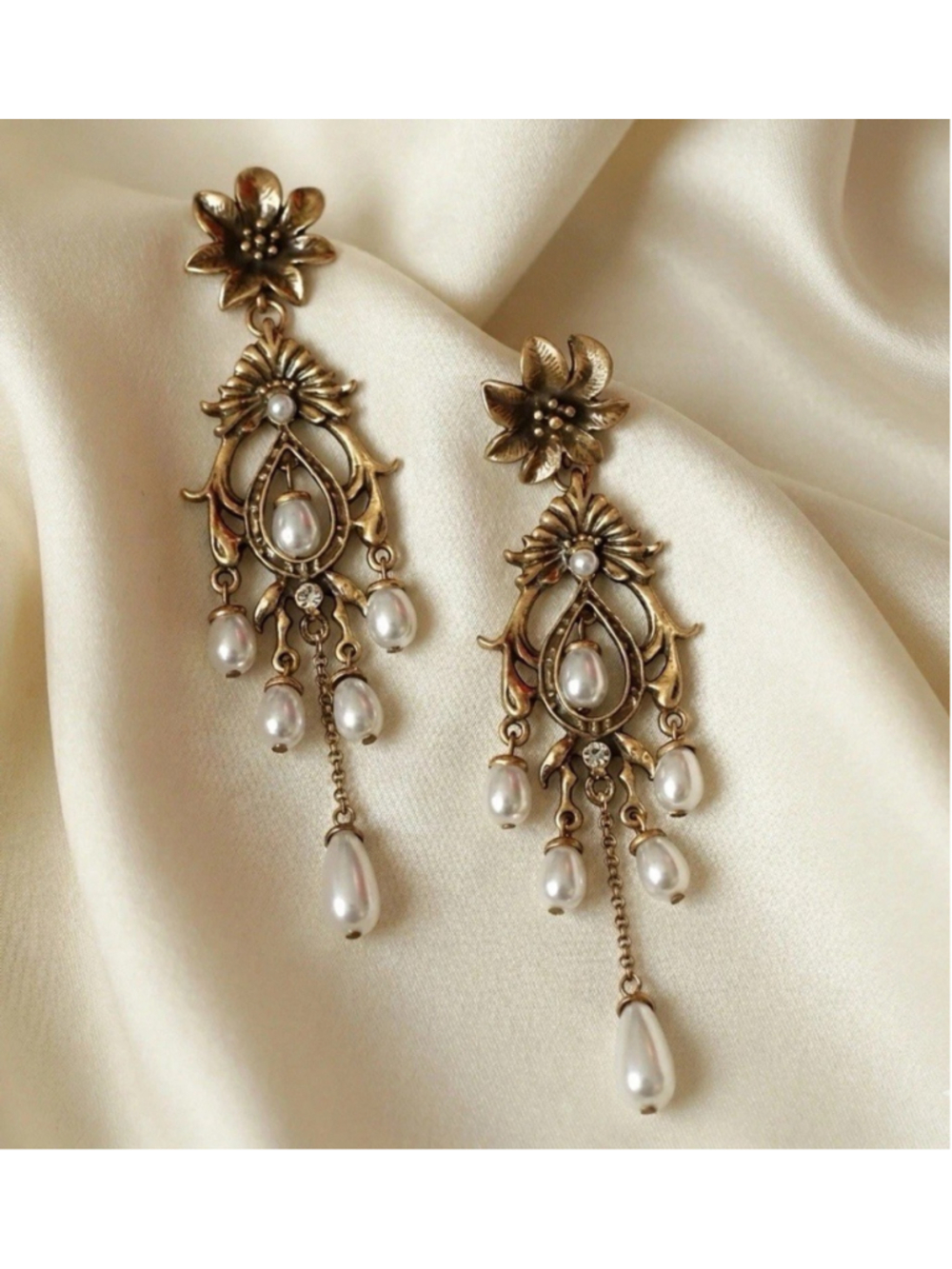 Medieval Antique Earrings Flower Pearl Chain Boho Gold Court VTG Stud Retro